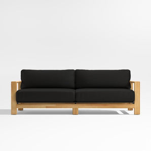 Anguilla 90" Teak Outdoor Sofa with Black Cushions.