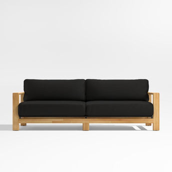 Anguilla 90" Teak Outdoor Sofa with Black Cushions.