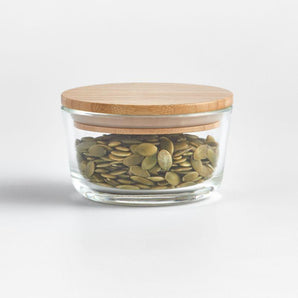 Recipiente de almacenamiento de vidrio redondo con tapa de bambú