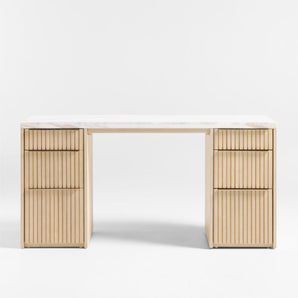Batten Oak Wood Console Desk with White Marble Top