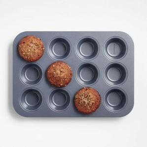 Crate & Barrel Slate Blue 12-Cup Muffin Pan.