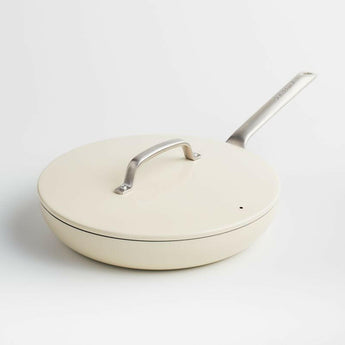 Crate & Barrel EvenCook Ceramic ™ Cream Ceramic Nonstick 12" Fry Pan with Lid.