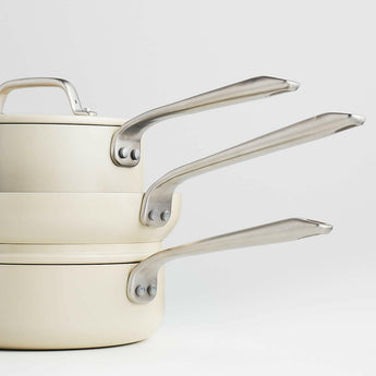 Crate & Barrel EvenCook Ceramic ™ Cream Ceramic Nonstick 8-Piece Cookware Set with Bonus.