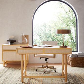 Caterina Natural Upholstered Office Chair with Brass Base.