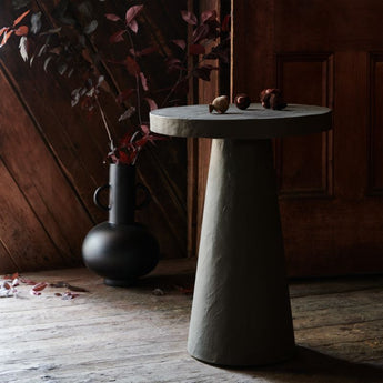 Willy Charcoal Brown Round Pedestal Side Table by Leanne Ford.