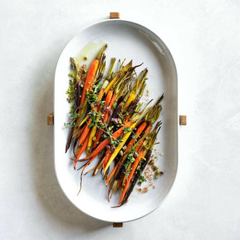 Oven-to-Table Oval Serving Platter with Wood Stand.