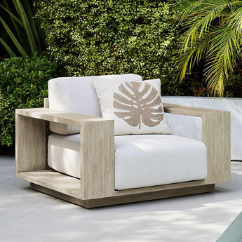 Mallorca Wood Outdoor Lounge Chair with Taupe Cushion.