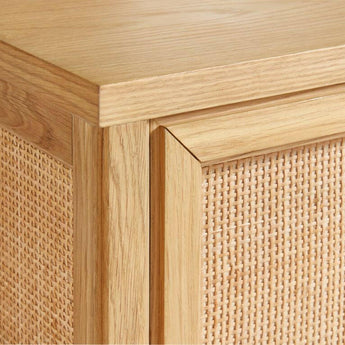 Campagna Rattan and Natural Oak Wood Nightstand with Drawers.