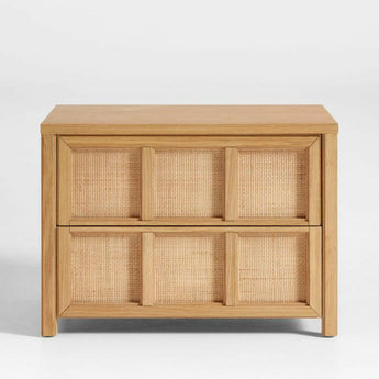 Campagna Rattan and Natural Oak Wood Nightstand with Drawers.
