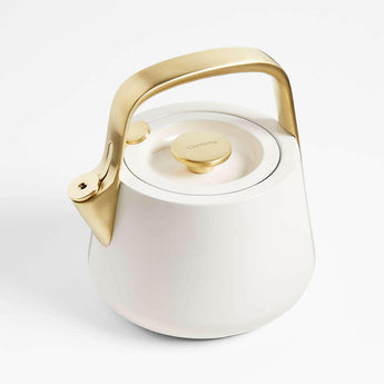 Caraway Home ® Cream Stovetop Whistling Tea Kettle with Gold Hardware.