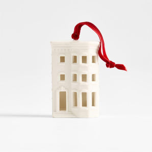 Ceramic White Brownstone with Bay Window Christmas Tree Ornament
