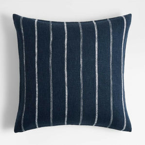 Cliff Blue Pinstripe Linen Throw Pillow with Feather Insert f 23"x23"