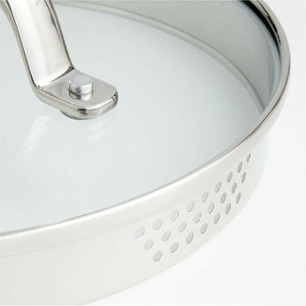 Crate & Barrel EvenCook Core ® 3.5 Qt. Stainless Steel Saucepan with Glass Straining Lid.