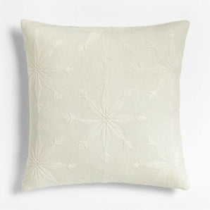 Ivory Crewel Embroidered Snowflake Throw Pillow with Down-Alternative Insert 23"x23"