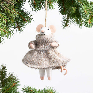Felted Wool Mouse with Cozy Dress Christmas Tree Ornament