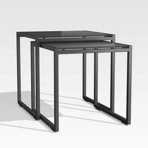 Dune Black Outdoor Nesting Tables with Black Painted Glass, Set of Two.