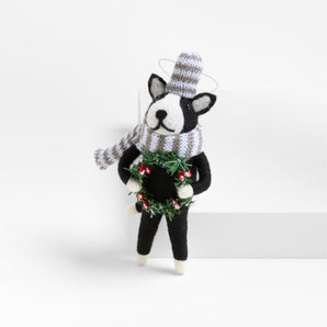 Felted Wool Dog with Wreath Christmas Tree Ornament