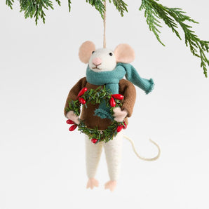 Felted Wool Mouse with Wreath Christmas Tree Ornament