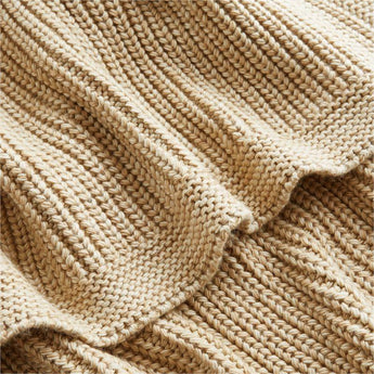 Ginger Beige Wool Blend 70''x55" Fisherman Knit Throw Blanket.