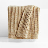 Ginger Beige Wool Blend 70''x55" Fisherman Knit Throw Blanket.