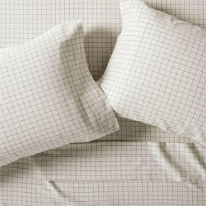 Organic Cotton Grid Natural and Midnight Navy King Bed Sheet Set.