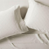 Organic Cotton Grid Natural and Midnight Navy King Bed Sheet Set.