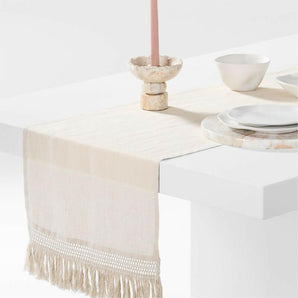 Fringe Trim 18" Natural Linen Table Runner by Laura Kim.