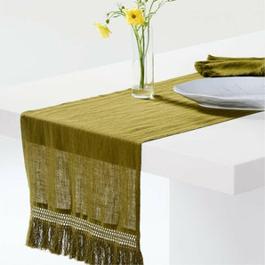 Fringe Trim 18" Oregano Green Linen Table Runner by Laura Kim.