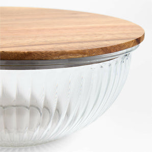 Medium Plisse Fluted Glass Bowl with Acacia Lid by Laura Kim.