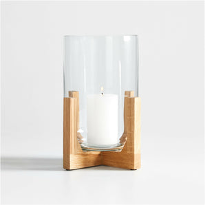 Lois Glass Hurricane Candle Holder with Wood Base 8.5".