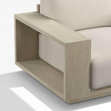 Mallorca 85" Wood Outdoor Sofa with Taupe Cushions.