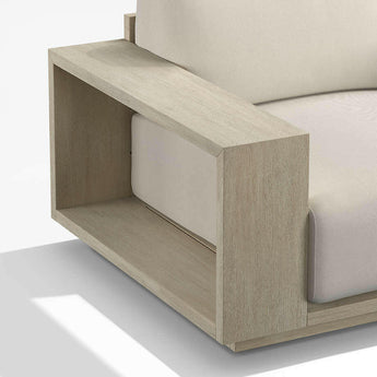 Mallorca 85" Wood Outdoor Sofa with Taupe Cushions.