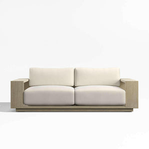 Mallorca 85" Wood Outdoor Sofa with Taupe Cushions.