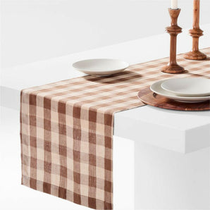 Marin 120" Brown and Natural Buffalo Check EUROPEAN FLAX ™-Certified Linen Runner.