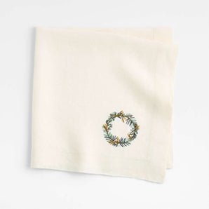 Marin Embroidered Wreath Certified Linen Dinner Napkin