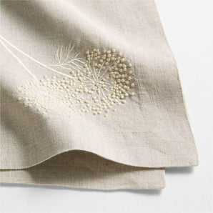 Marin Embroidered Dill Flower Warm Natural EUROPEAN FLAX ™-Certified Linen Dinner Napkin.