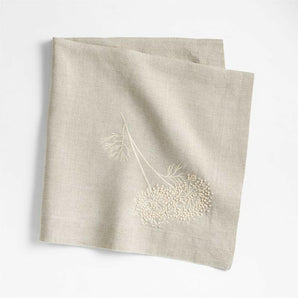 Marin Embroidered Dill Flower Warm Natural EUROPEAN FLAX ™-Certified Linen Dinner Napkin.