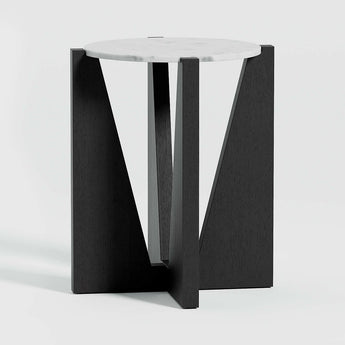 Miro Black Marble Round End Table with Black Ebonized White Oak Wood Base.