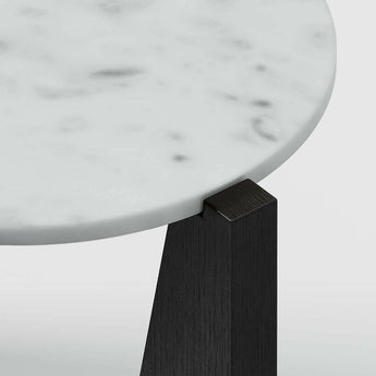 Miro Black Marble Round End Table with Black Ebonized White Oak Wood Base.
