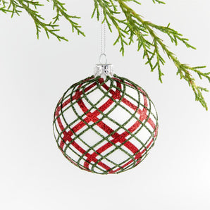 Glitter Plaid White Glass Ball Christmas Tree Ornament