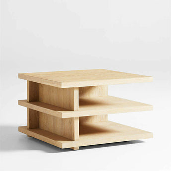 Stria Oversized Natural Oak Wood Square End Table with Tiered Shelves.