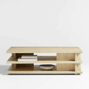 Stria Cerused Natural Oak Wood 56" Rectangular Storage Coffee Table.