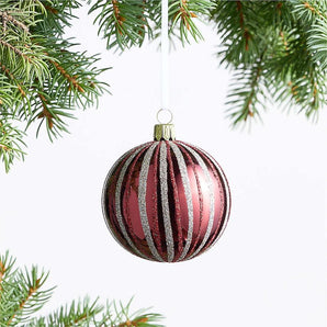 Adorno de Navidad para árbol, bola de purpurina europea a rayas roja y dorada