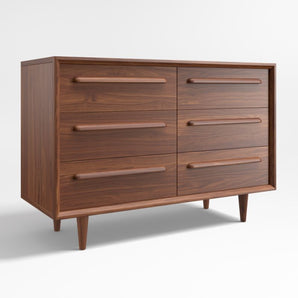 Kids Tatum Walnut Mid-Century Wood 6-Drawer Wide Dresser