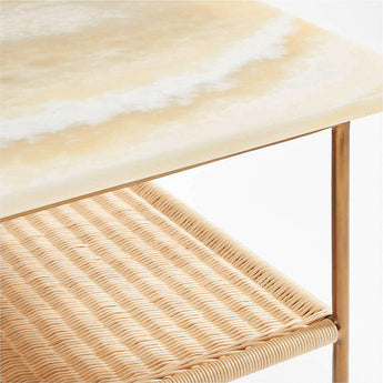 Terranea Onyx Marble and Brass Metal 54" Rectangular Coffee Table with Wicker Shelf.