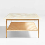 Terranea Onyx Marble and Brass Metal 54" Rectangular Coffee Table with Wicker Shelf.