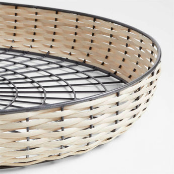 Toma Oval Black and Off White Rattan and Metal Decorative Tray 30".