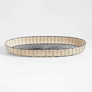 Toma Oval Black and Off White Rattan and Metal Decorative Tray 30".