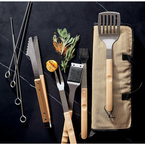 Wood-Handled 9-Piece Barbecue Tool Set