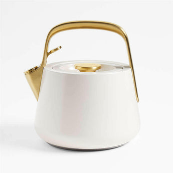 Caraway Home ® Cream Stovetop Whistling Tea Kettle with Gold Hardware.
